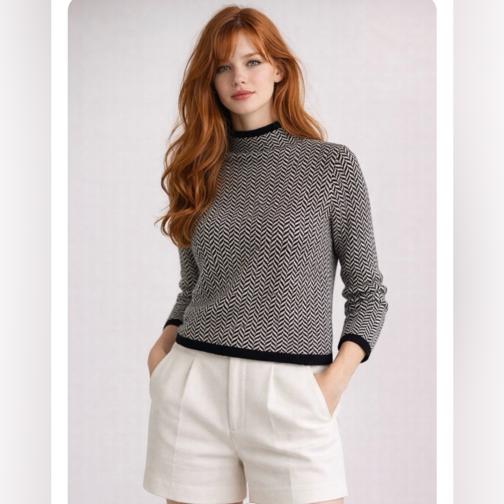 Ralph Lauren Funnel Neck Black & White Herringbone Sweater Wool Womens M